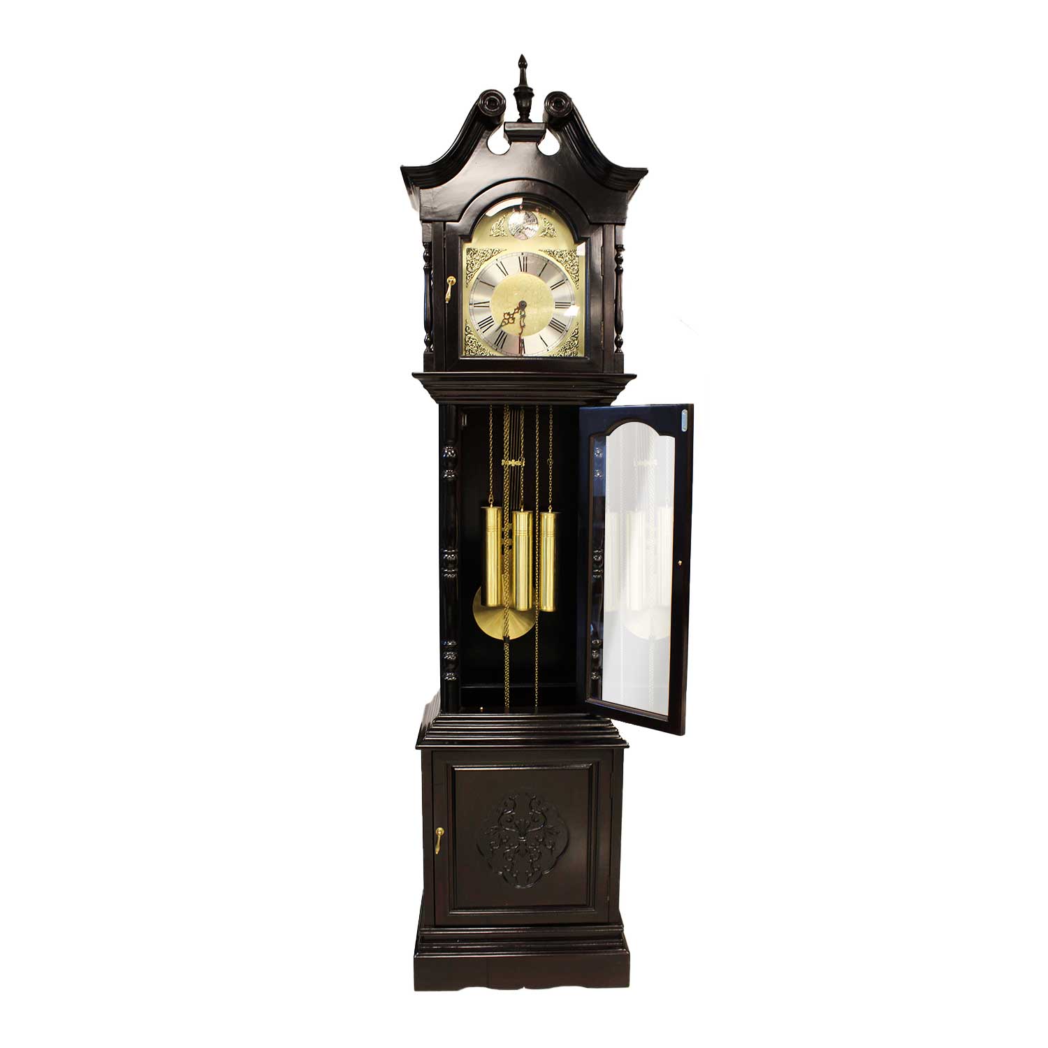 Rosewood Triple Chime Grandfather Clock With Bottom Cabinet